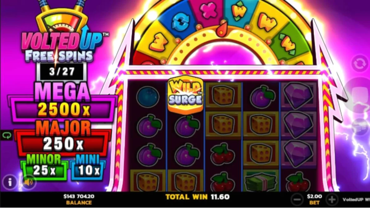 Interface do slot VoltedUP WildSurge com elementos neon e elétricos